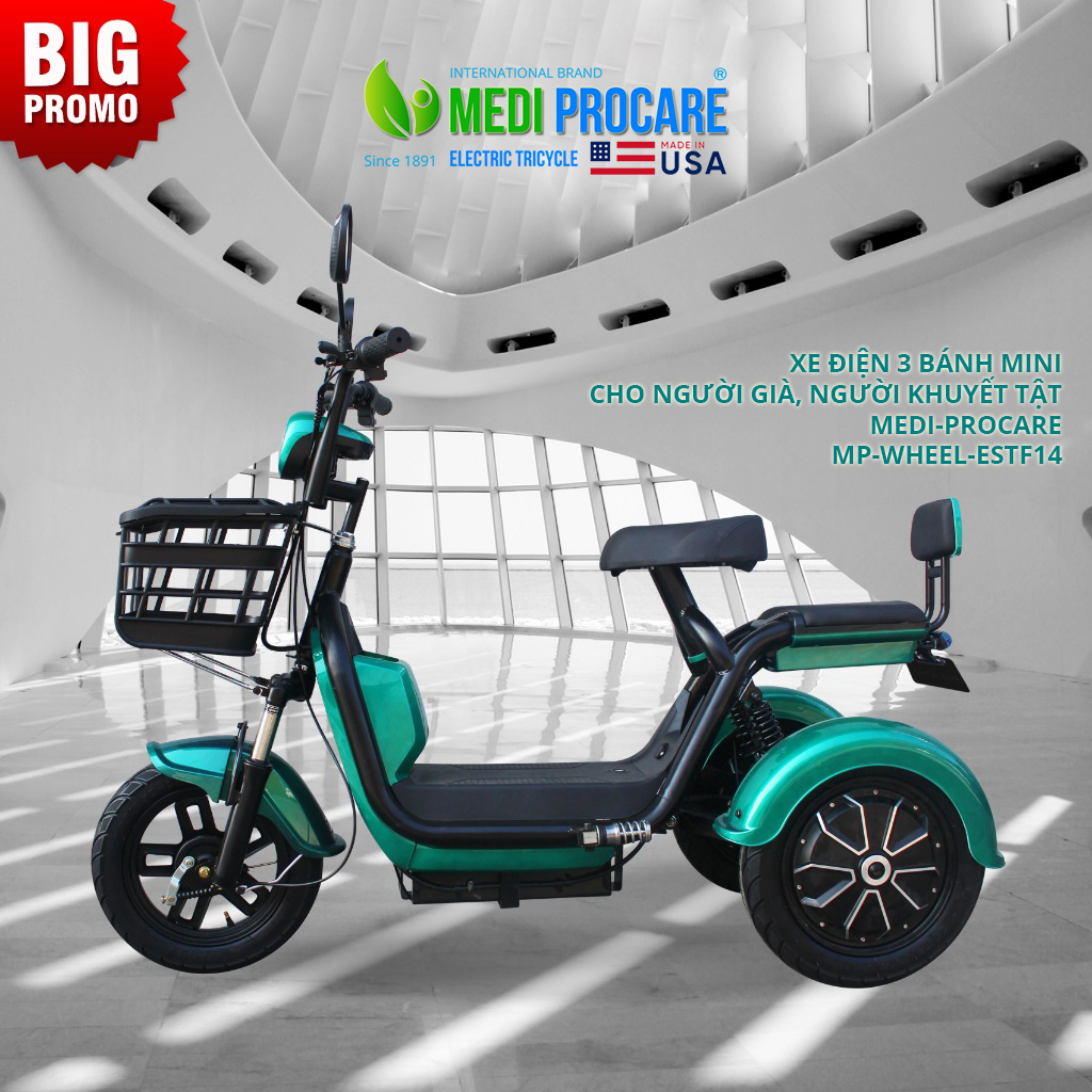 Xe điện 3 bánh, xe ba bánh điện mini, gấp gọn, 2 chỗ ngồi, giá rẻ cho người già, người khuyết tật MEDI-PROCARE MP-WHEEL-ESTF14 - Giường y tế, giường bệnh nhân đa
