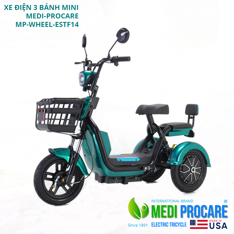 Xe điện 3 bánh, xe ba bánh điện mini, gấp gọn, 2 chỗ ngồi, giá rẻ cho người già, người khuyết tật MEDI-PROCARE MP-WHEEL-ESTF14 - Xe điện 3 bánh, xe điện ba
